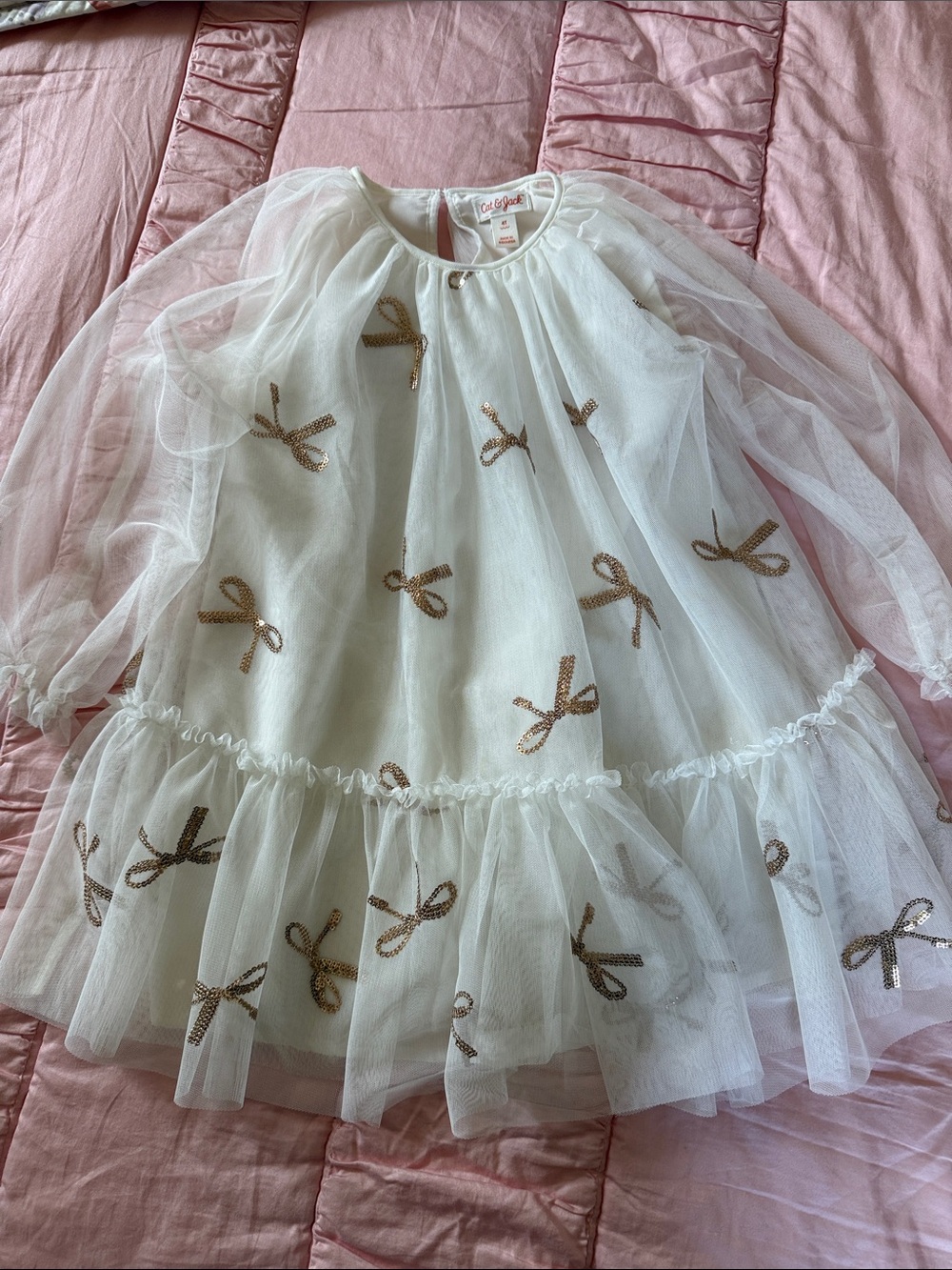 Cat & Jack White Tulle Dress with Gold Sequin Bows